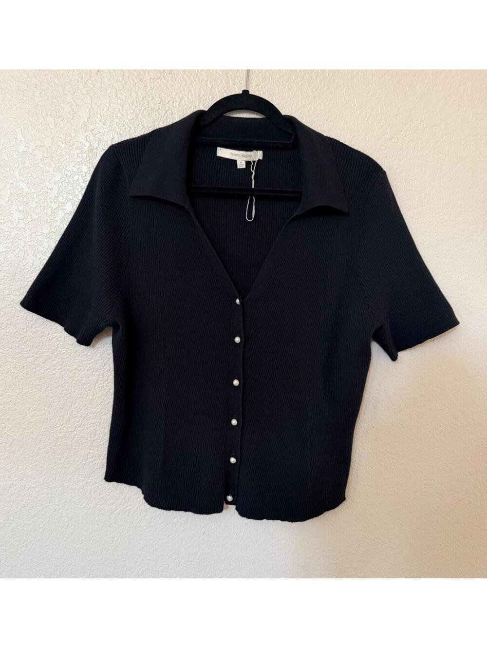 New Favorite Daughter Short Sleeve Pearl Bottom Cotton Cashmere Top In Black XL